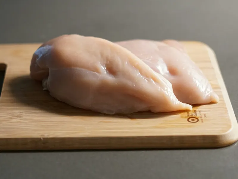 Raw chicken breast fillets on a cutting board